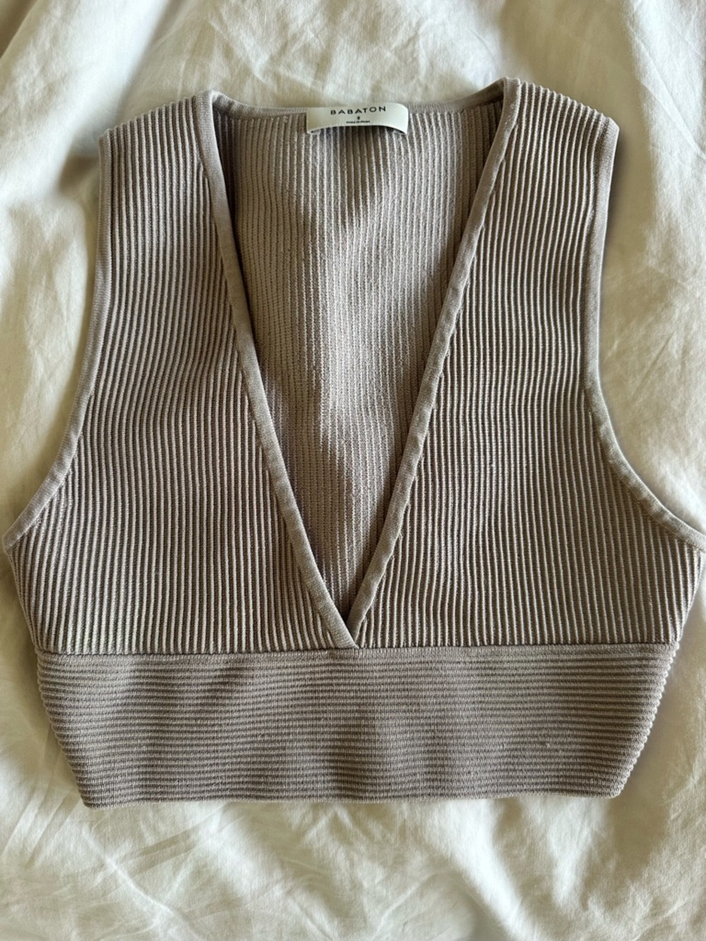 Babaton Ribbed Deep V Crop Tank in Taupe